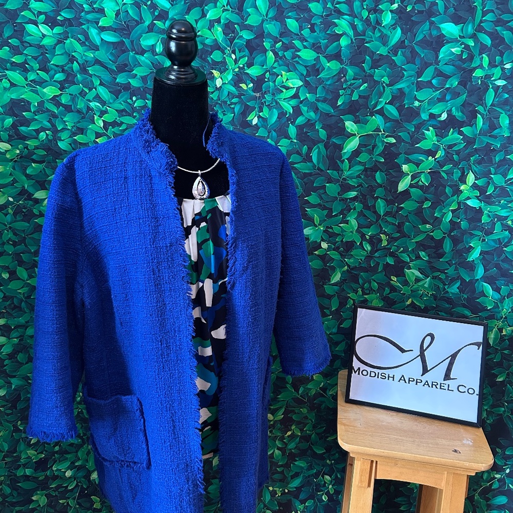 Chico’s Blue Textured Tweed Jacket Duster Fringe Trim Chico’s 3 Women’s Sz XL